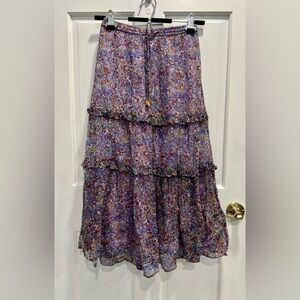 ANTHROPOLOGIE Seurat Tiered Purple Floral Boho Flowy Midi Skirt SIZE 0 Pre Loved
